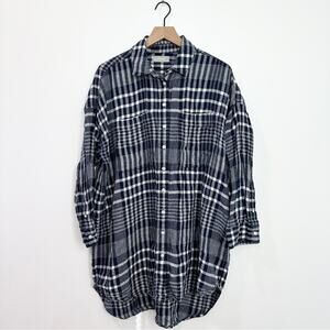 Everlane The Way-Long Linen Shirt Blue Plaid size Large Preppy